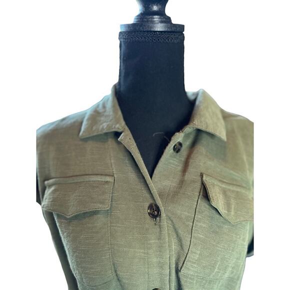 Olive Green Midi Shirt Dress with Belt Roll Tab Sleeve Career Casual - Picture 6 of 10